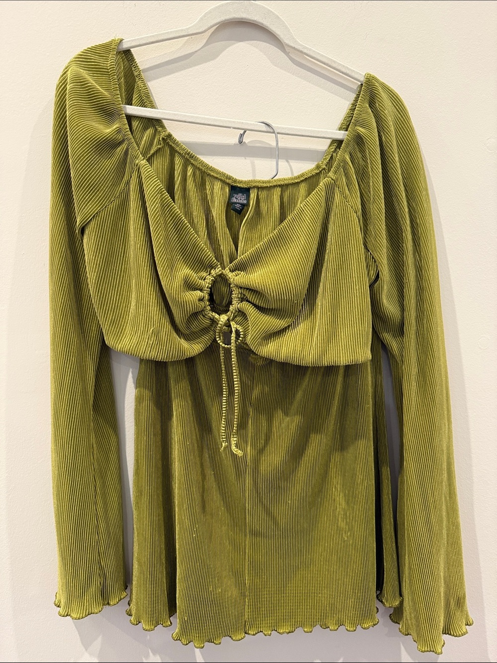 Green Ribbed Drawstring Long Sleeve Top and Skirt Set